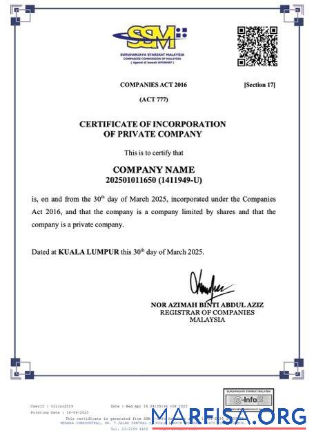 Downloadable Malaysia certificate of incorporation of private company Word and PDF template